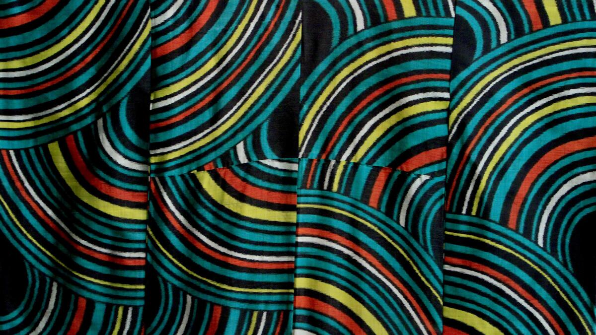 The L.A. County Museum of Art currently has an exhibition of early 20th century kimono on view in its Japanese pavilion -- and the patterns couldn't be bolder. Seen here: a detail shot of a kimono from the 1940s, with a design comprised of colorful arching lines.