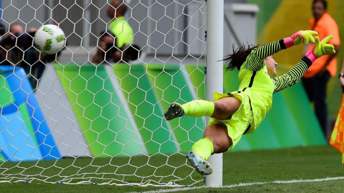 U.S. goaltender Hope Solo gives up a goal to Sweden during a penalty shootout in a quarterfinal match of the 2016 Olympics.