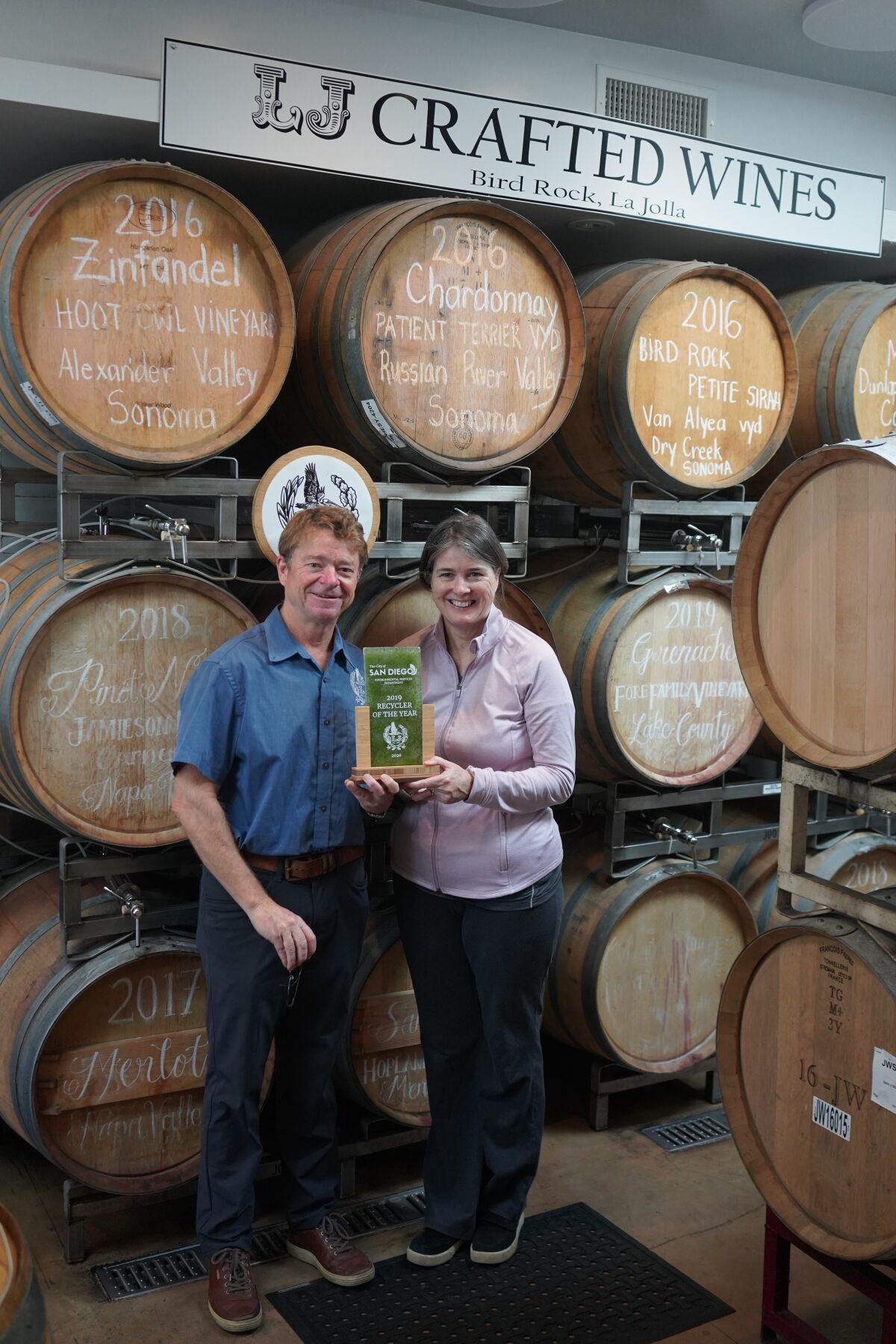 Lowell and Anne Jooste, owners of LJ Crafted Wines, with their Business Waste Reduction & Recycling Award