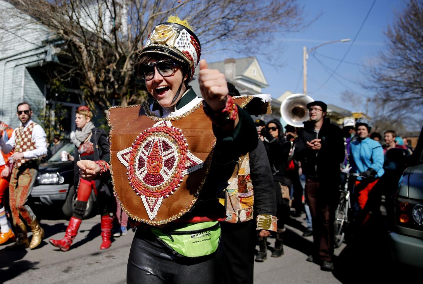 The Red Beans parade began in the Marigny neighborhood and ended in the Treme with the Treme Brass Band on Monday in New Orleans. Participants sported costumes made of various kinds of beans.