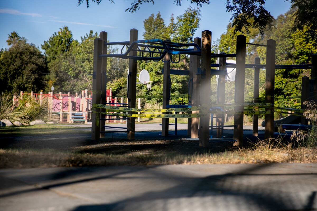 Some of the playgrounds are roped off at Normal Heights Elementary School on Thursday, Nov. 12, 2020 in San Diego