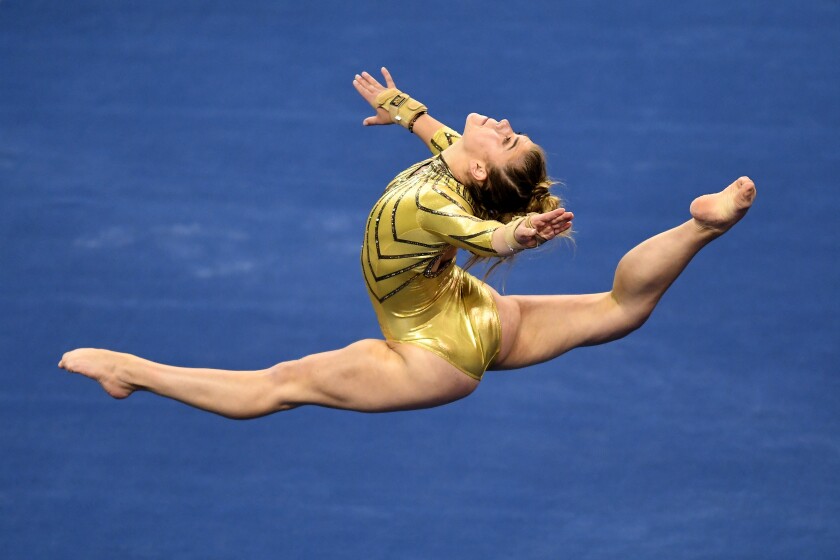 LOS ANGELES, CALIFORNIA FEBRUARY 10, 2021-UCLA's Pauline Tratz competes on the floor during competition against BYU at Pauley Pavillion Wednesday. (Wally Skalij/Los Angeles Times)