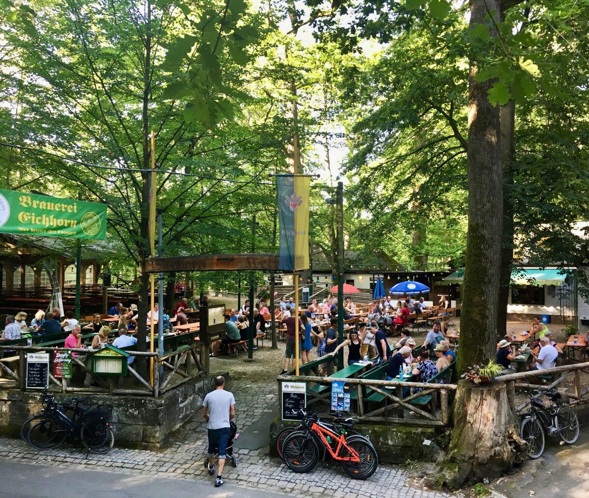 People gather at the Eichhorn Keller beer garden in the northern Bavaria town of Forchheim, Germany.