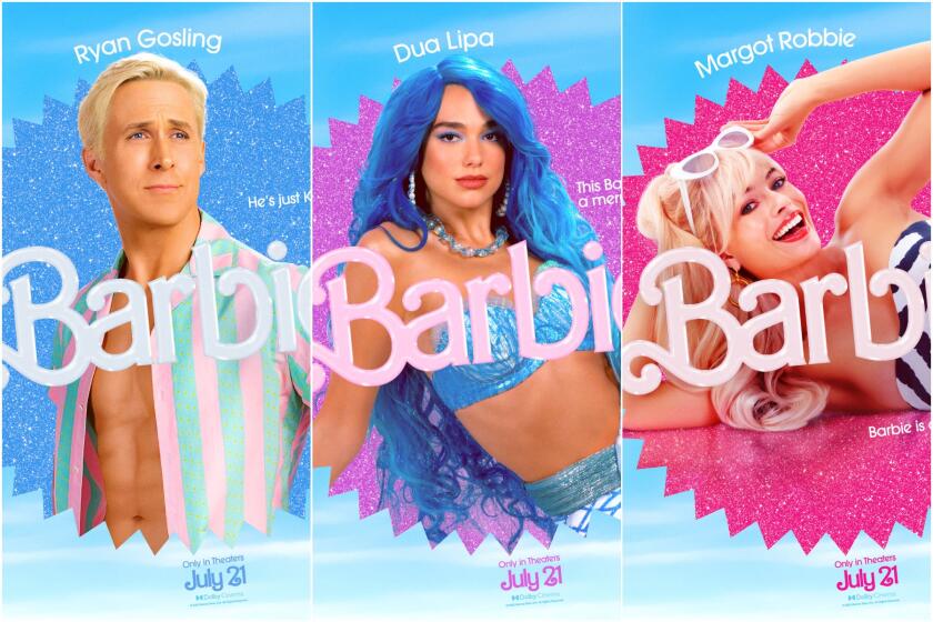 A split image of colorful posters featuring Ryan Gosling, Dua Lipa and Margot Robbie as Ken and Barbie dolls