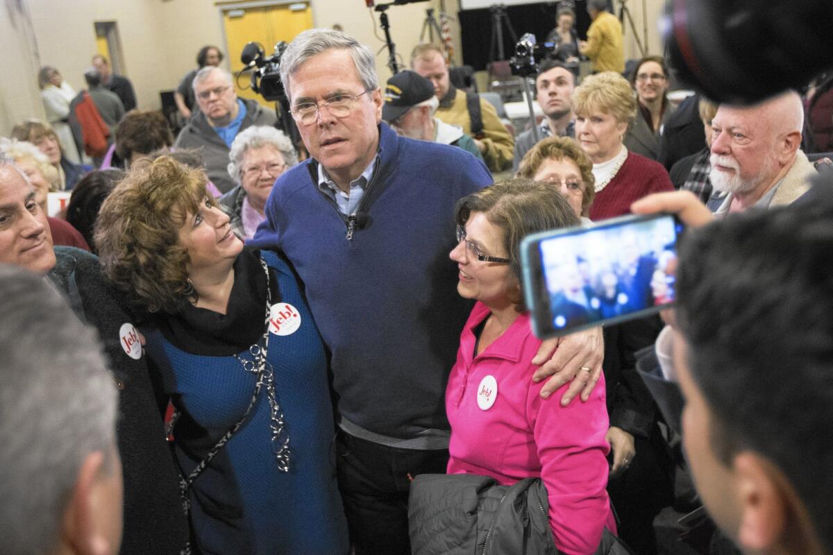 Jeb Bush, center, at a campaign stop in Pelham, N.H., on Jan. 23. A super PAC has spent at least $60 million on ads for Bush, but he remains stuck at about 6% in polls.