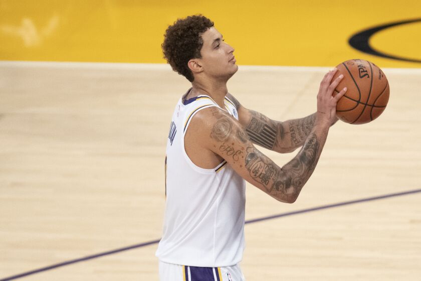 Los Angeles Lakers forward Kyle Kuzma during an NBA preseason basketball game in Los Angeles.