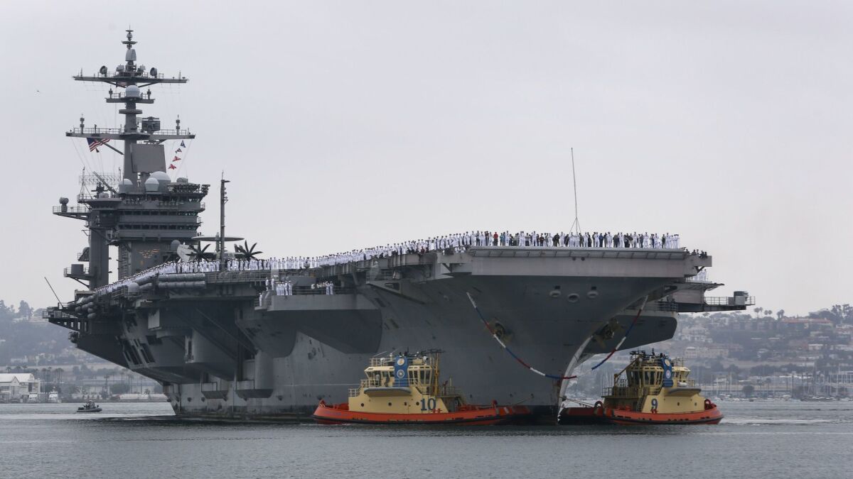 The aircraft carrier, USS Carl Vinson, arrives at Naval Air Station North Island in 2017.