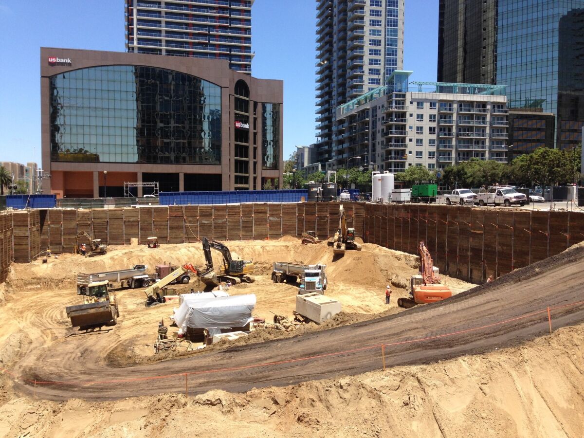 Excavation is well under way at Bosa's 36-story condo project at Kettner Boulevard, at right, and Ash Street.