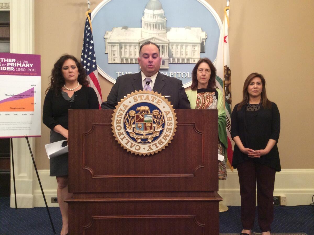 Speaker John A. Perez (D-Los Angeles) announces the creation of the Assembly Select Committee on Women in the Workplace. He was joined Tuesday by, from left, Assemblywomen Lorena Gonzalez (D-San Diego), Nancy Skinner (D-Berkeley) and Nora Campos (D-San Jose).