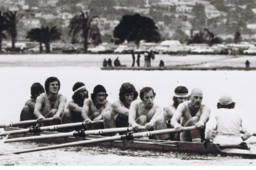 Starting line of the inaugural Crew Classic in West Mission Bay at ZLAC Rowing Club, 1973