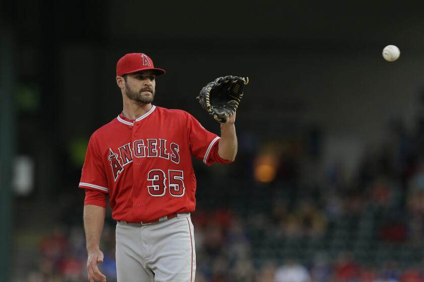 Angels starting pitcher Nick Tropeano waits for the throw back during the first inning against the Rangers on May 23.