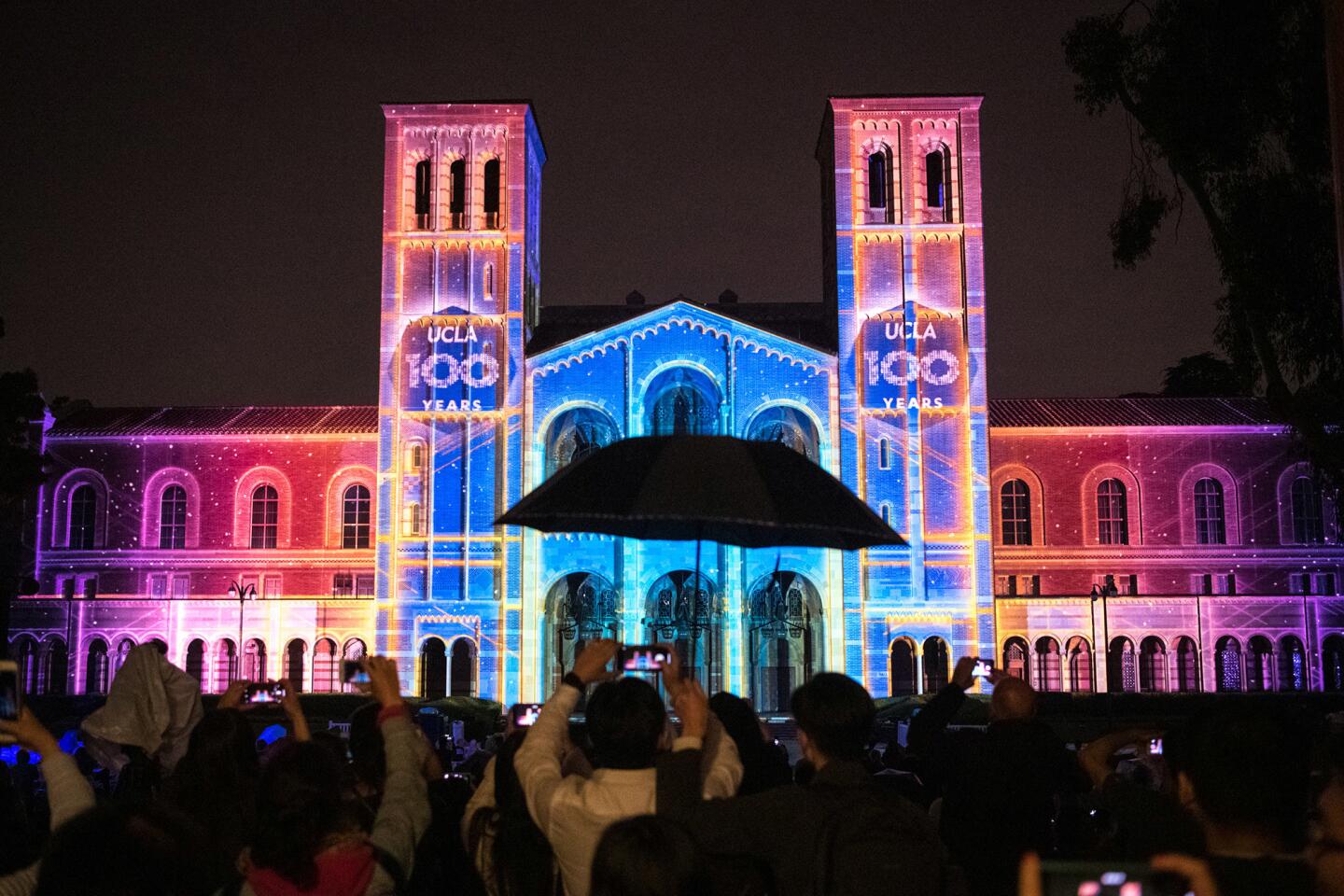 A light show is projected on UCLA's Royce Hall during a nighttime kickoff May 18 for the university's 100-year celebration.
