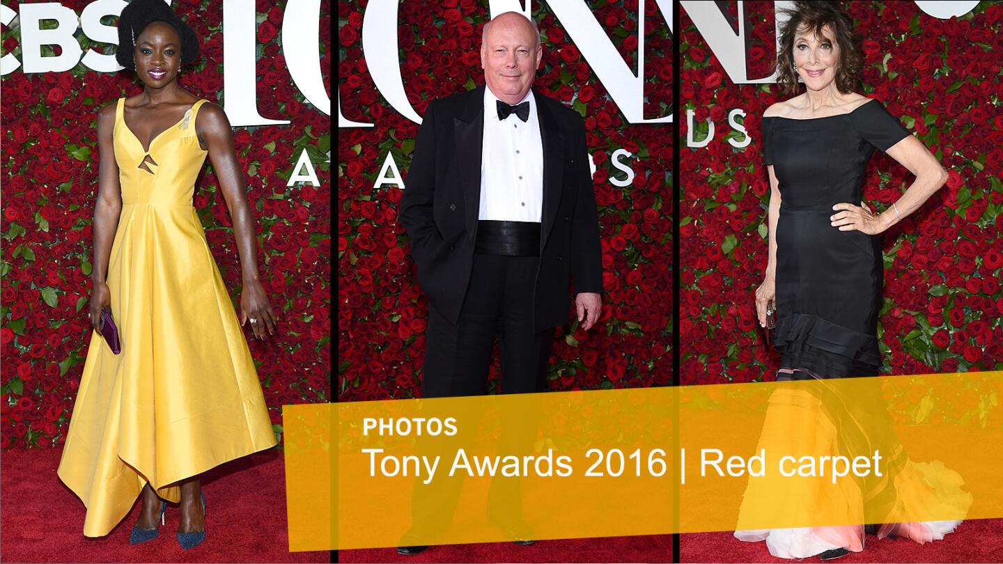 Danai Gurira, Julian Fellowes and Andrea Martins attend the 70th Tony Awards at The Beacon Theatre in New York.