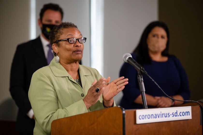 San Diego County Public Health Officer Dr. Wilma Wooten speaks Monday, Aug. 16, 2021, during a press conference on recommending businesses to require employees to be vaccinated or to get tested for COVID-19 every week. The recommendation by the county comes after the rise of coronavirus cases in San Diego.