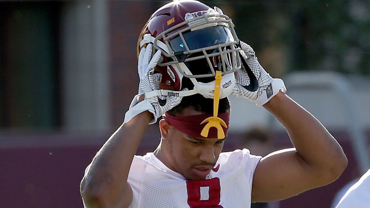 USC cornerback Iman Marshall takes the field for the first day of spring practice at Howard Jones Field on March 7.