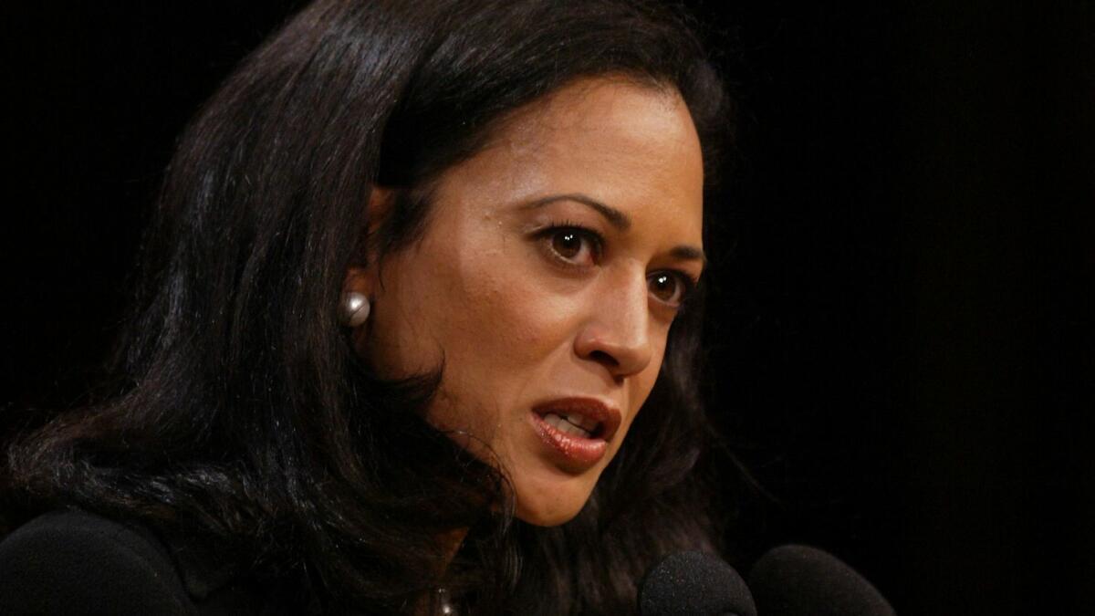 Kamala Harris, speaks after taking the oath of office as the San Francisco district attorney on Jan. 8, 2004, in Herbst Theatre