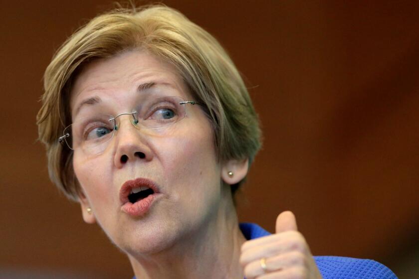 FILE - In this March 27, 2017, file photo, Sen. Elizabeth Warren, D-Mass., addresses business leaders during a New England Council luncheon in Boston. Warren warned Friday, June 16, that President Donald Trump and his Republican allies are preparing to deliver a knockout blow to the nations middle-class. The liberal icon delivered the comments to a packed theater in the heart of Manhattans Times Square. It was the final scheduled stop in a book tour that featured a half-dozen appearances nationwide over the last two months. (AP Photo/Steven Senne, File)