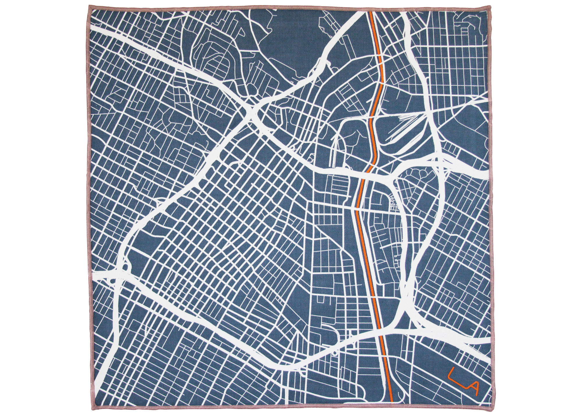 A pocket square featuring a white-on-blue map of downtown Los Angeles from Pocket Square Clothing