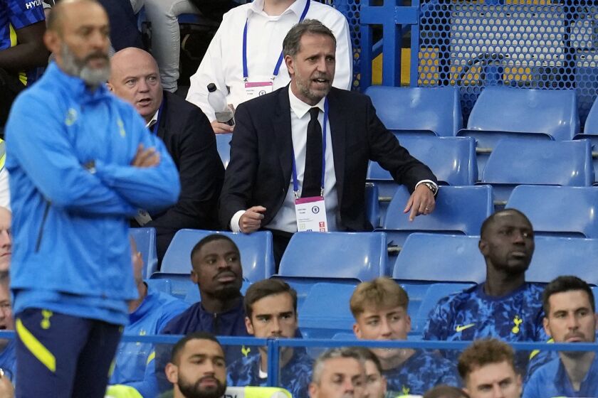 FILE - Tottenham Managing Director Fabio Paratici sits on the bench during the friendly soccer match between Chelsea and Tottenham at Stamford Bridge stadium in London, Wednesday, Aug. 4, 2021. Tottenham managing director of football Fabio Paratici will serve a worldwide ban for his part in a false accounting scandal involving Juventus, FIFA confirmed on Wednesday, March 29, 2023. (AP Photo/Matt Dunham, File)