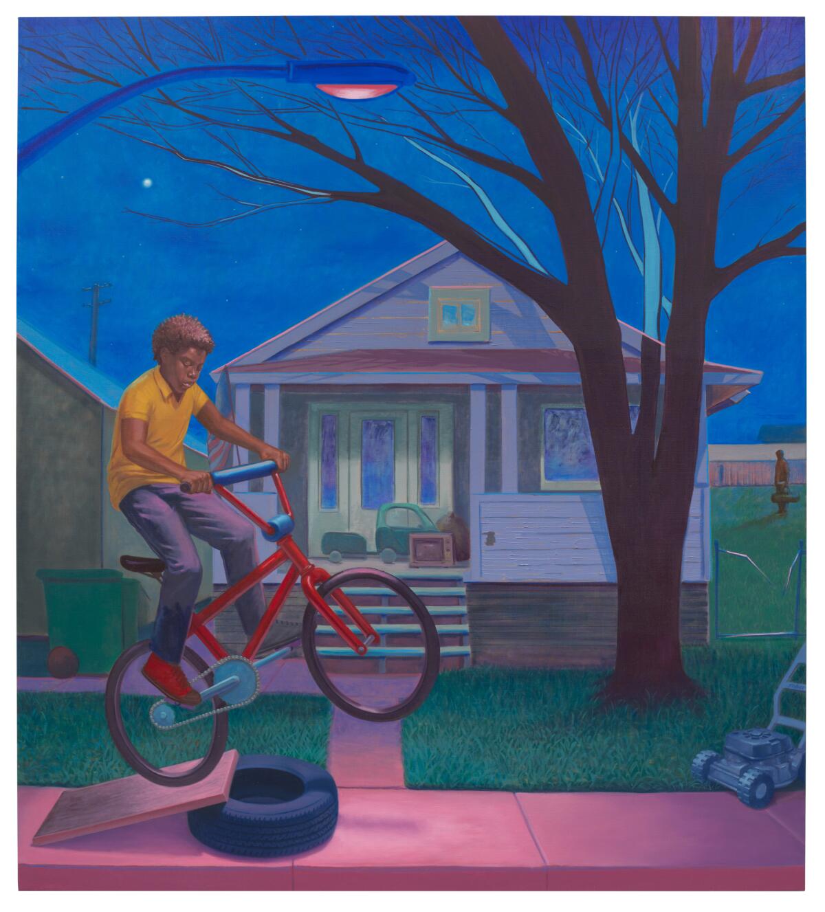 A painting of a kid on a bike outside a house at night 