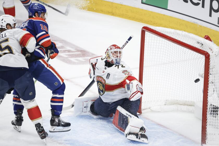 Florida Panthers goalie Sergei Bobrovsky (72) gives up a goal to Edmonton Oilers' Adam Henrique.