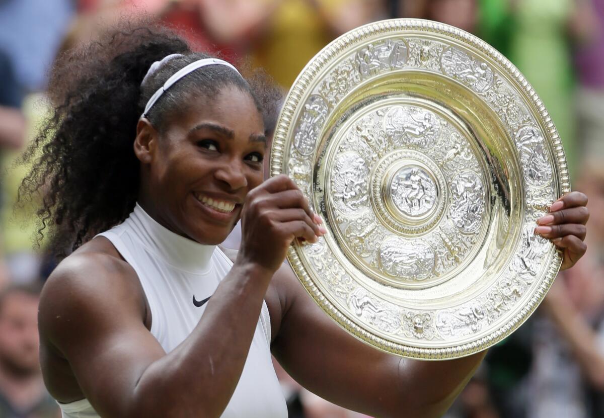 Serena Williams, shown at Wimbledon in July, encourages women to "to push for greatness and follow their dreams with steadfast resilience."