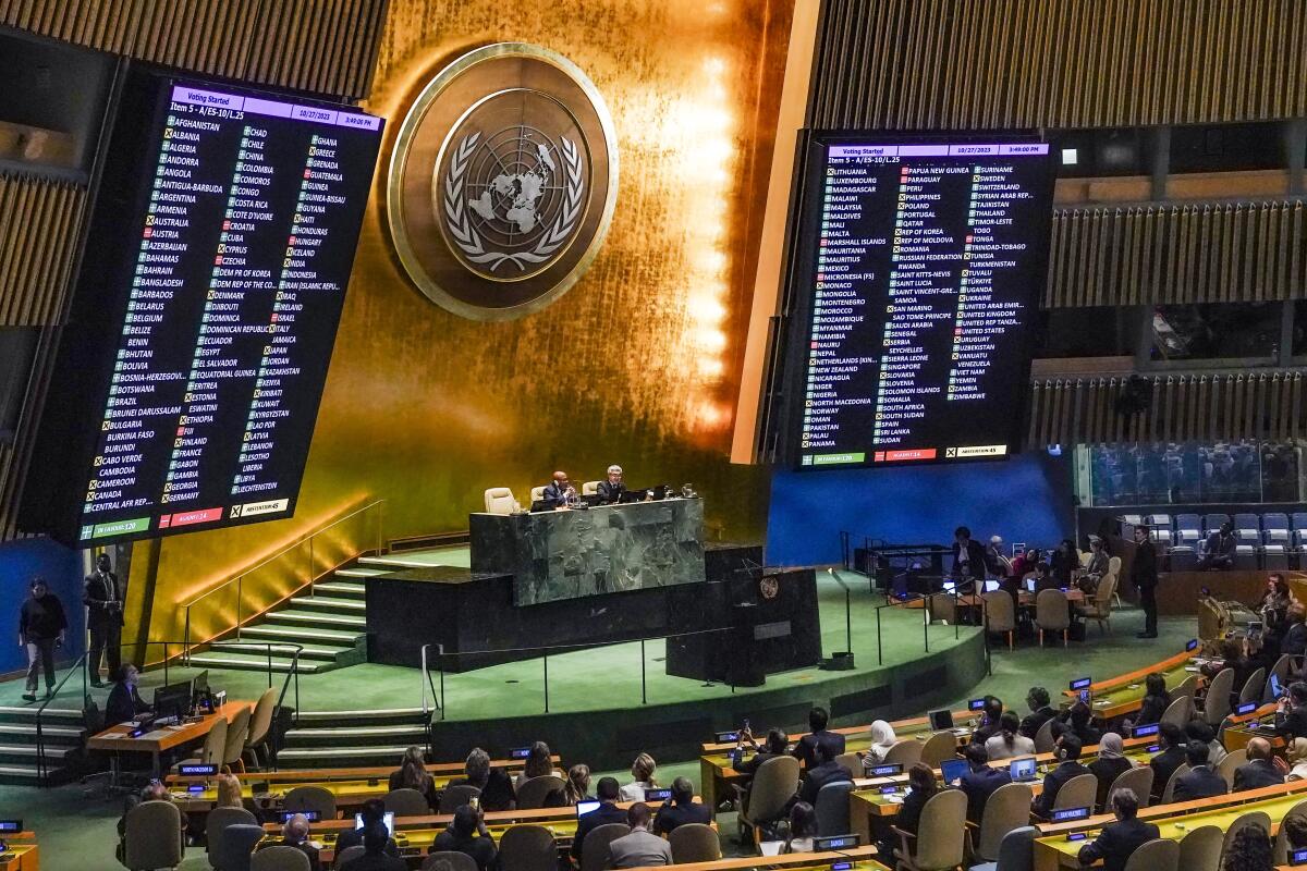 Results are displayed as the U.N. General Assembly voted for a resolution calling for a 'humanitarian truce' in Gaza.