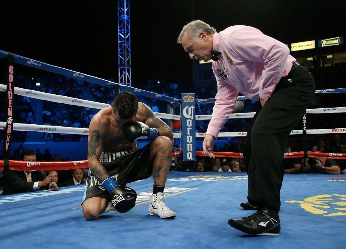Lucas Matthysse is counted out after being knocked down at StubHub Center on Saturday.