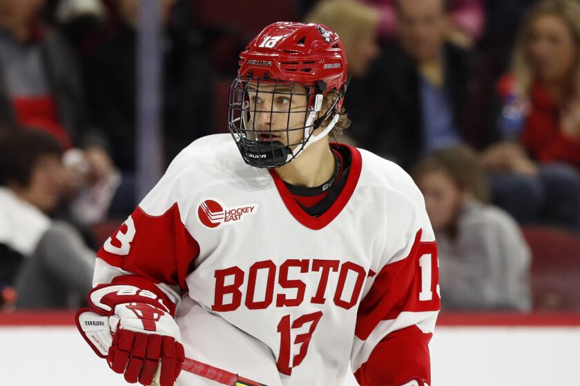 Boston University's Trevor Zegras during an NCAA hockey game against Northern Michigan on Friday, Oct. 18, 2019 in Boston. (AP Photo/Winslow Townson)