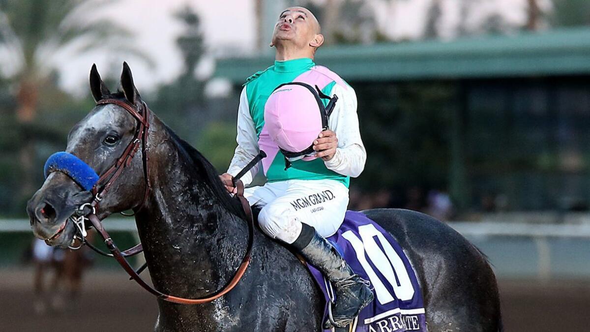 Jockey Mike Smith celebrates aboard Arrogate after winning the Breeders' Cup Classic at Santa Anita on Nov. 5.