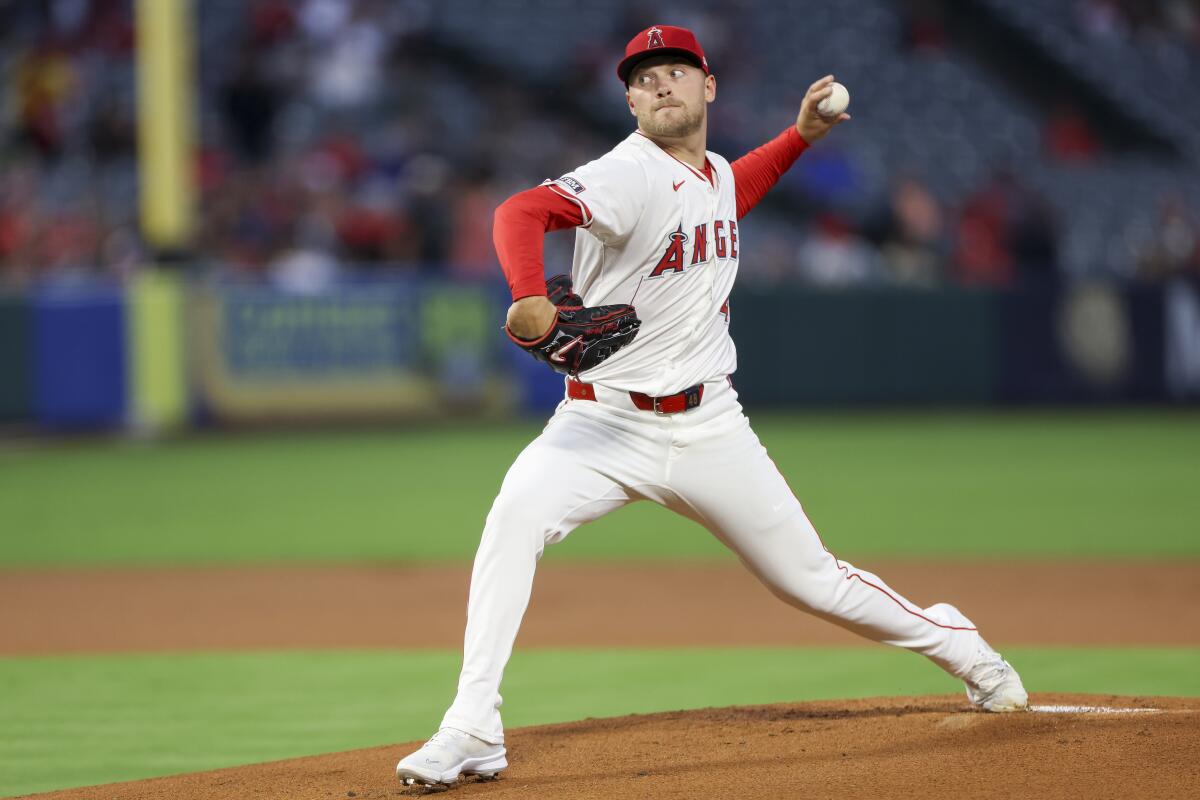 Angels starting pitcher Reid Detmers delivers during the first inning