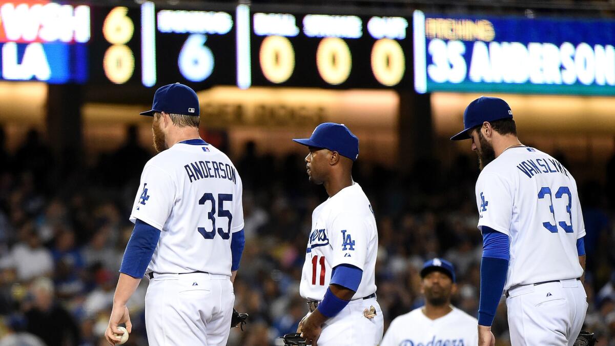 The scoreboard tells the story of the struggle for Dodgers starter Brett Anderson, who faced six Nationals batters in the sixth inning but couldn't get an out before being replaced Monday night.