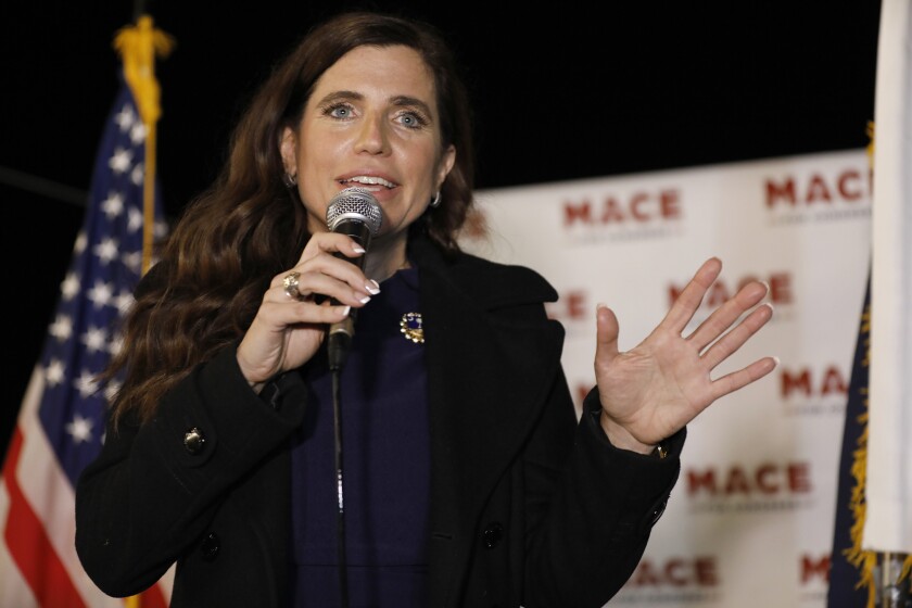 FILE - In this Nov. 3, 2020, file photo, Republican Nancy Mace talks to supporters during her election night party in Mount Pleasant, S.C. U.S. Rep. Nancy Mace on Tuesday, June 1, 2021, posted a video of obscenities that she said had been spray-painted on her Charleston-area home over the Memorial Day weekend. (AP Photo/Mic Smith, File)