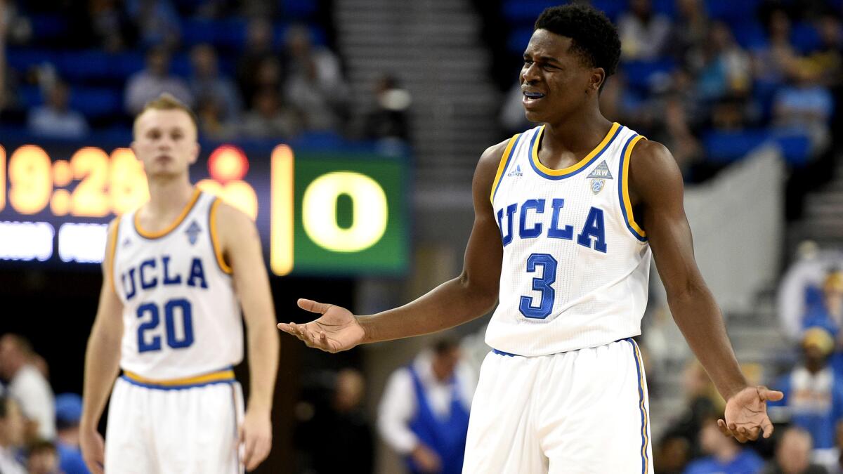 UCLA guard Aaron Holiday (3) reacts to a foul during the second half of a 76-68 loss to Oregon on Wednesday night at Pauley Pavilion.