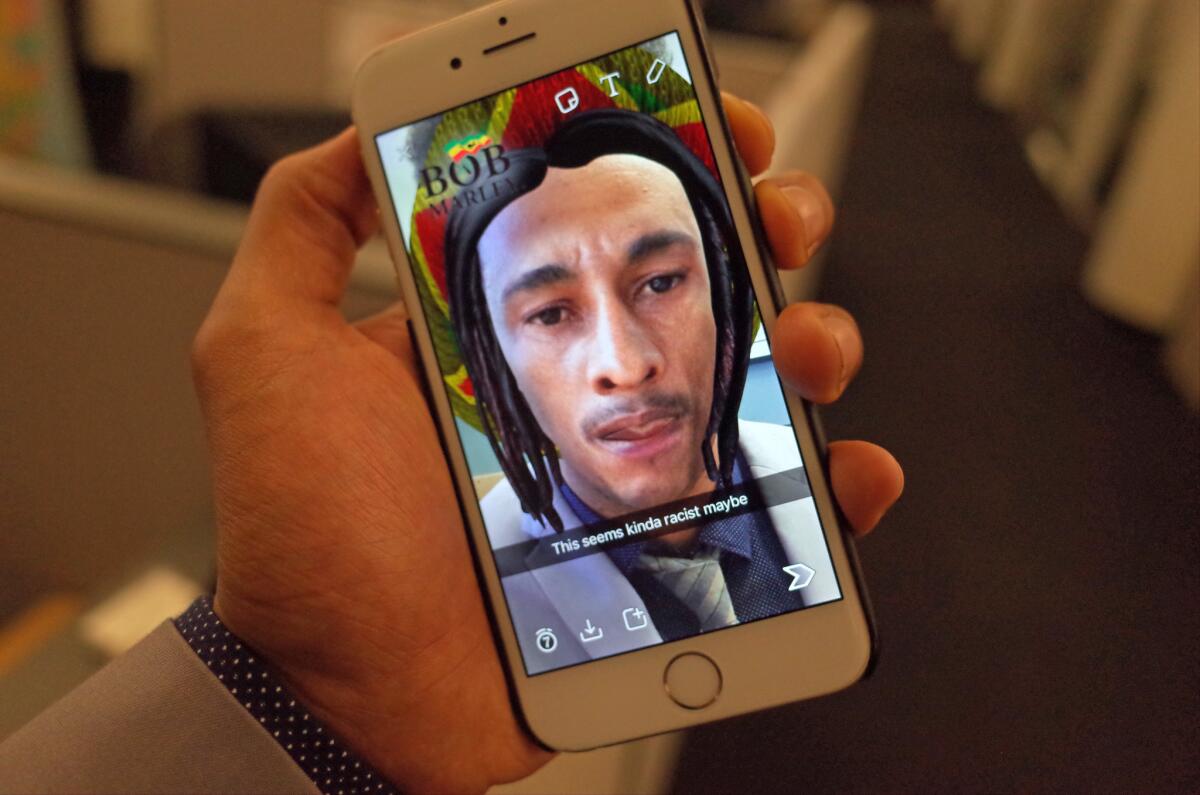 Snapchat faced criticism in 2016 for a sponsored lens that turns users in Bob Marley.