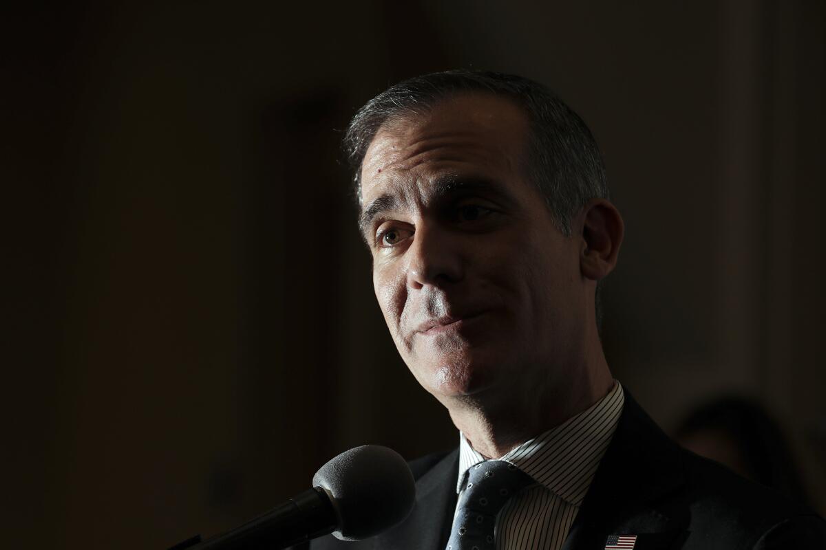 Los Angeles Mayor Eric Garcetti speaks at a news conference