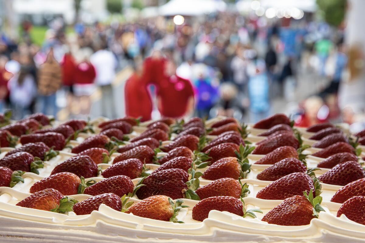A sheet cake from a past Garden Grove Strawberry Festival.