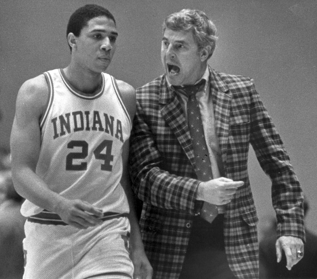 Indiana coach Bobby Knight goes off on player Daryl Thomas during a game in February 1984.