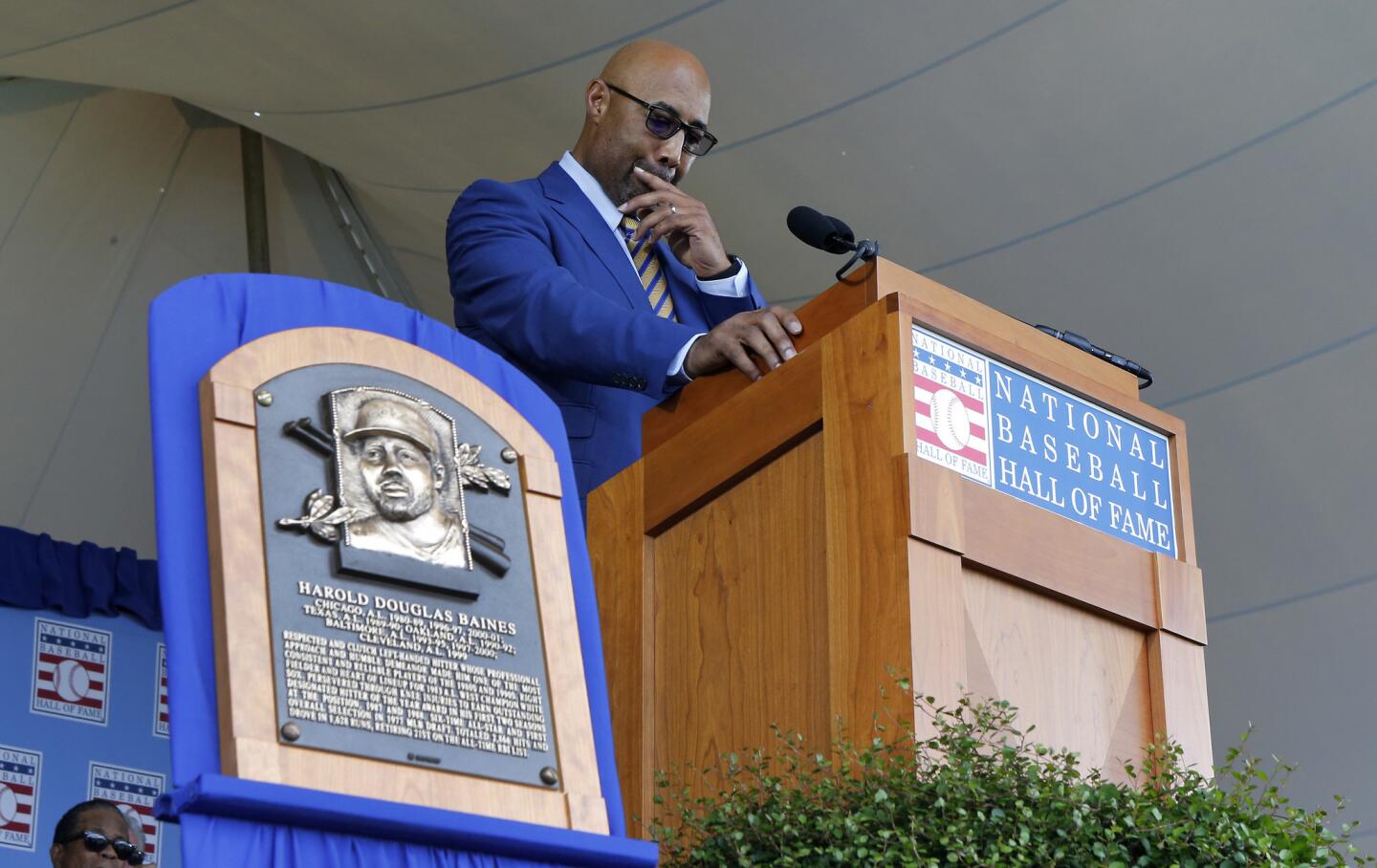 COOPERSTOWN, NEW YORK - JULY 21: Harold Baines gives his speech during the Baseball Hall of Fame induction ceremony at Clark Sports Center on July 21, 2019 in Cooperstown, New York. (Photo by Jim McIsaac/Getty Images) ** OUTS - ELSENT, FPG, CM - OUTS * NM, PH, VA if sourced by CT, LA or MoD **