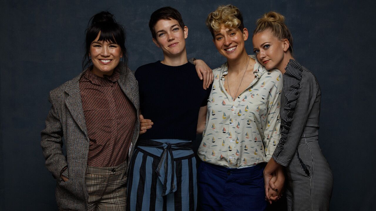 Actress Zoe Chao, left, co-director Celia Rowlson-Hall, co-director Mia Lidofsky and actress Meredith Hagne from the television movie "Strangers."
