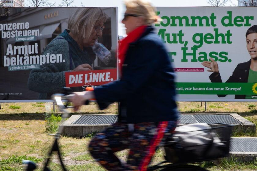 Mandatory Credit: Photo by HAYOUNG JEON/EPA-EFE/REX (10213146r) Election campaign posters of German The Left (Die Linke) party and the federal Alliance 90/The Greens party for the upcoming European Parliament elections are pictured in Berlin, Germany, 18 April 2019. Election campaign posters for the upcoming European Parliament elections, Berlin, Germany - 18 Apr 2019 ** Usable by LA, CT and MoD ONLY **