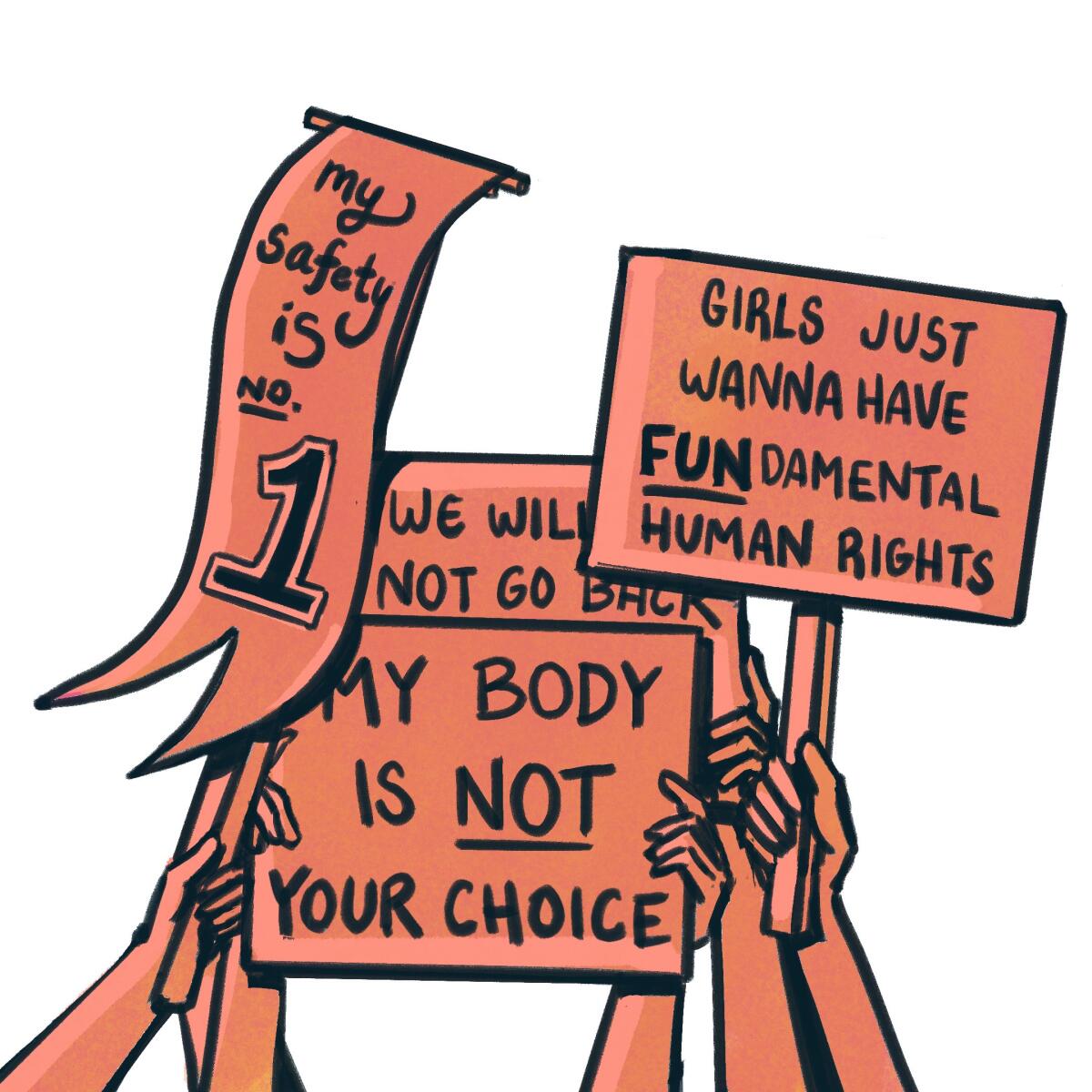 Illustration of several hands holding protest signs with messages like "My body is not your choice"