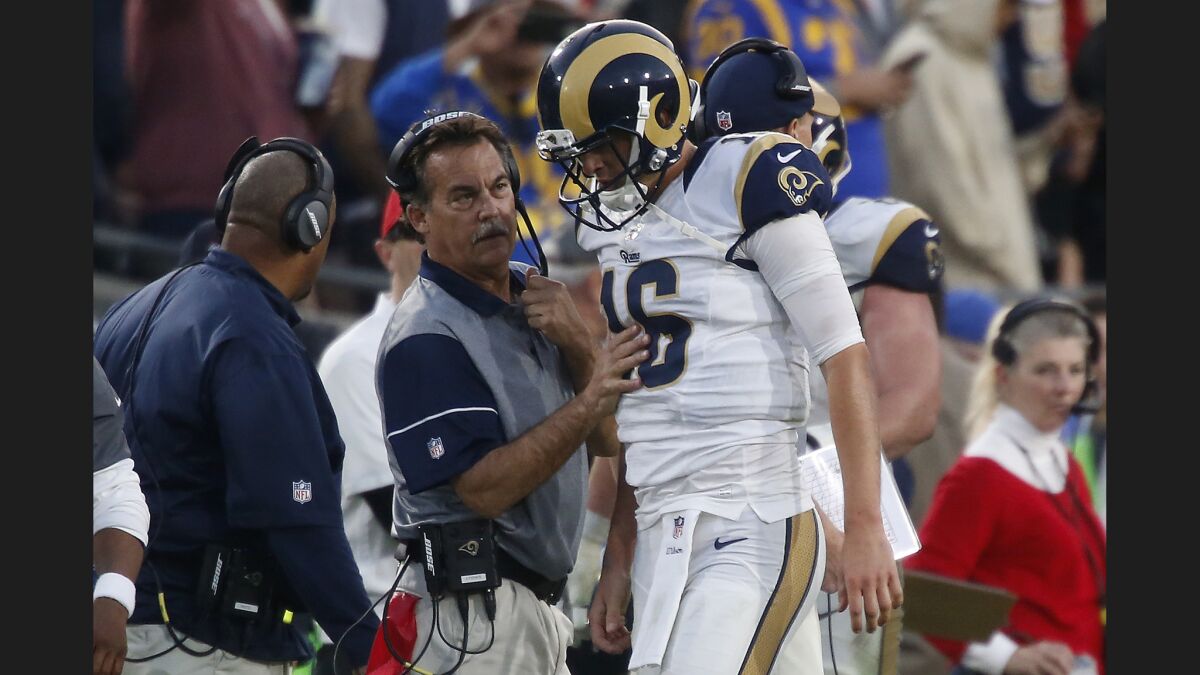 Rams Coach Jeff Fisher checks quarterback Jared Goff, who had just run for a touchdown in the fourth quarter.