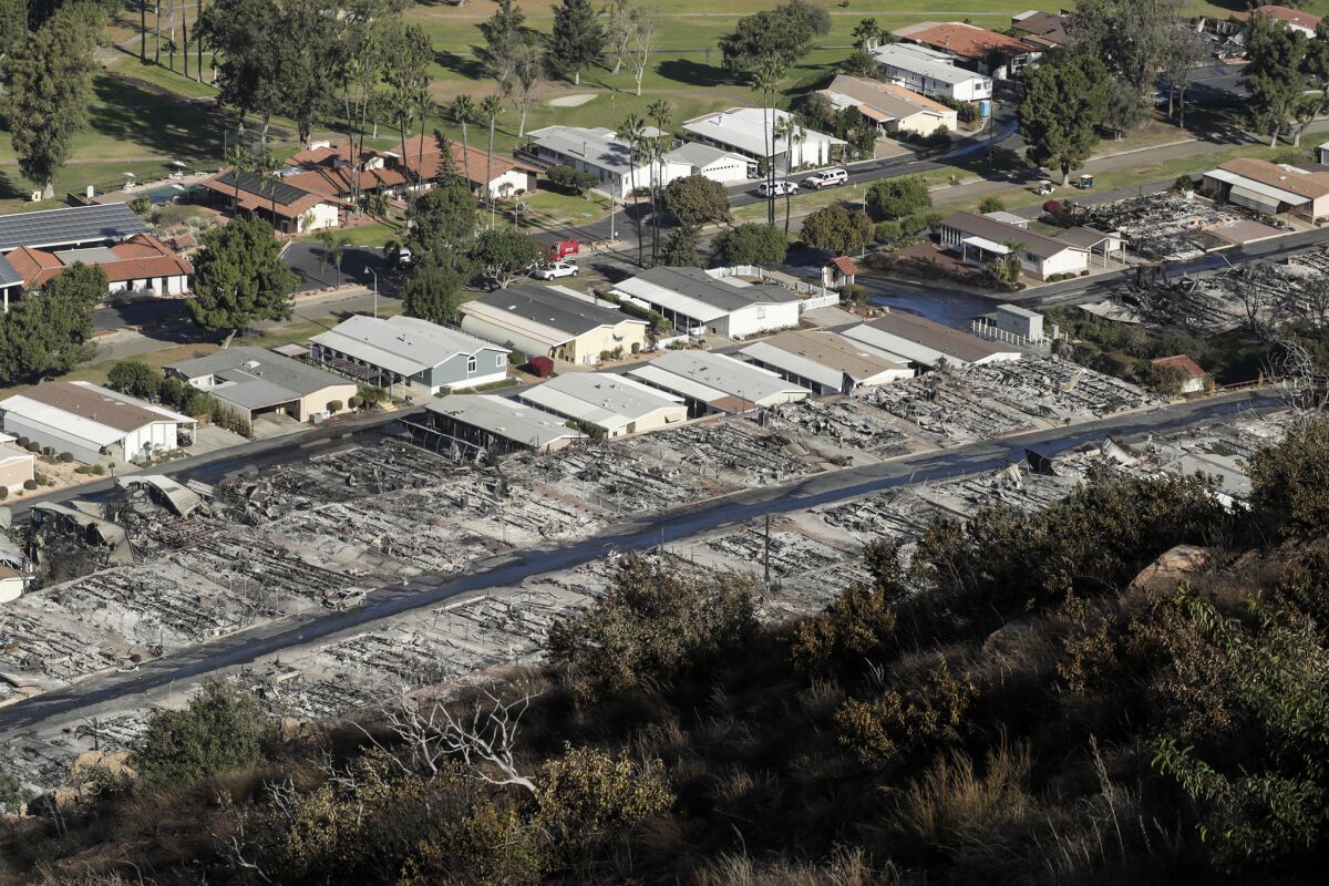 A view of the Rancho Monserate Country Club community, where many homes were burned to the ground when the Lilac fire swept through Bonsall, in northern San Diego County.