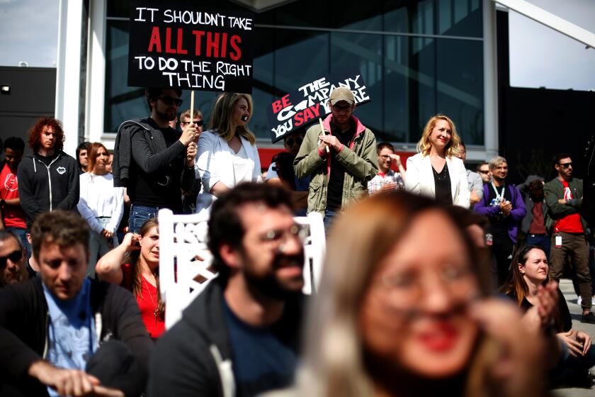 LOS ANGELES, CA-MAY 6, 2019: Workers at Riot Games listen to a speaker during a staged walk out at Riot Games to protest the company's move to force arbitration on sexual harassment lawsuits on May 6, 2019, in Los Angeles, California. (Photo By Dania Maxwell / Los Angeles Times)