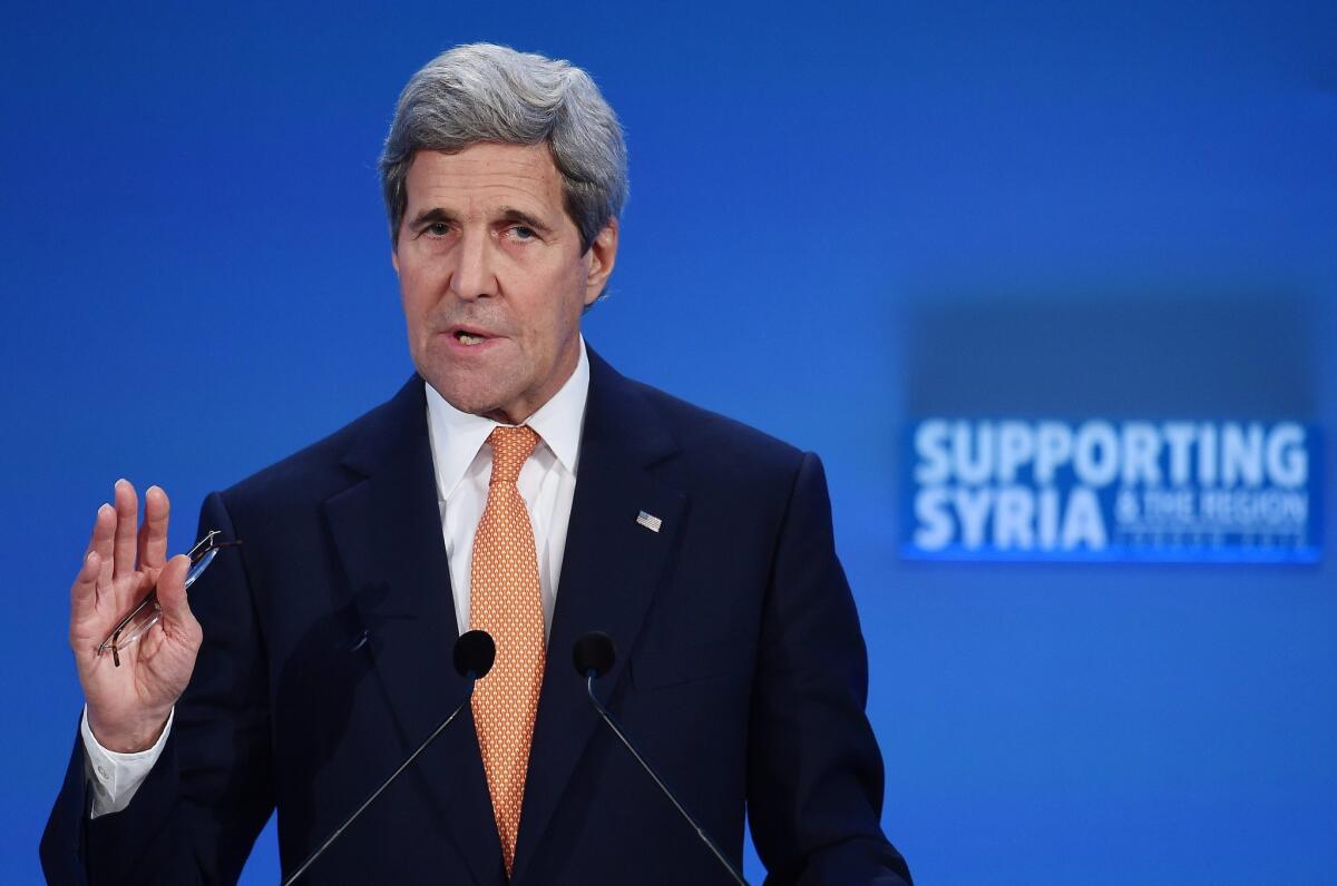 U.S. Secretary of State John Kerry speaks to donors at the Syria Conference in London on Thursday.