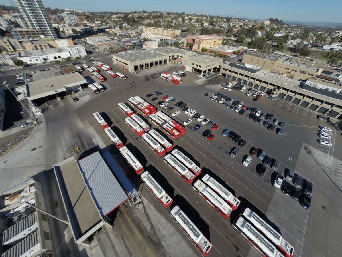 View looking east from Tailgate Park with the MTS bus yard in the foreground.