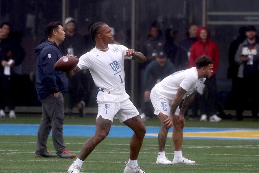 LOS ANGELES, CALIF. - MAR. 15, 2023. Former UCLA football quarterback Dorian Thompson-Robinson (1) works out.