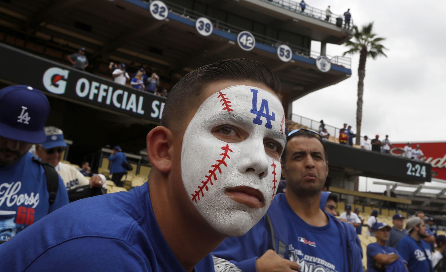 Dodger fans watch batting practice before Game 6 of the World Series at Dodger Stadium.