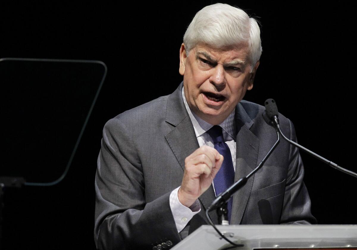 Motion Picture of Assn. of America chairman Chris Dodd speaks during his CinemaCon State of the Industry address in Las Vegas. On Friday he spoke at a meeting of the Valley Industry and Commerce Assn.